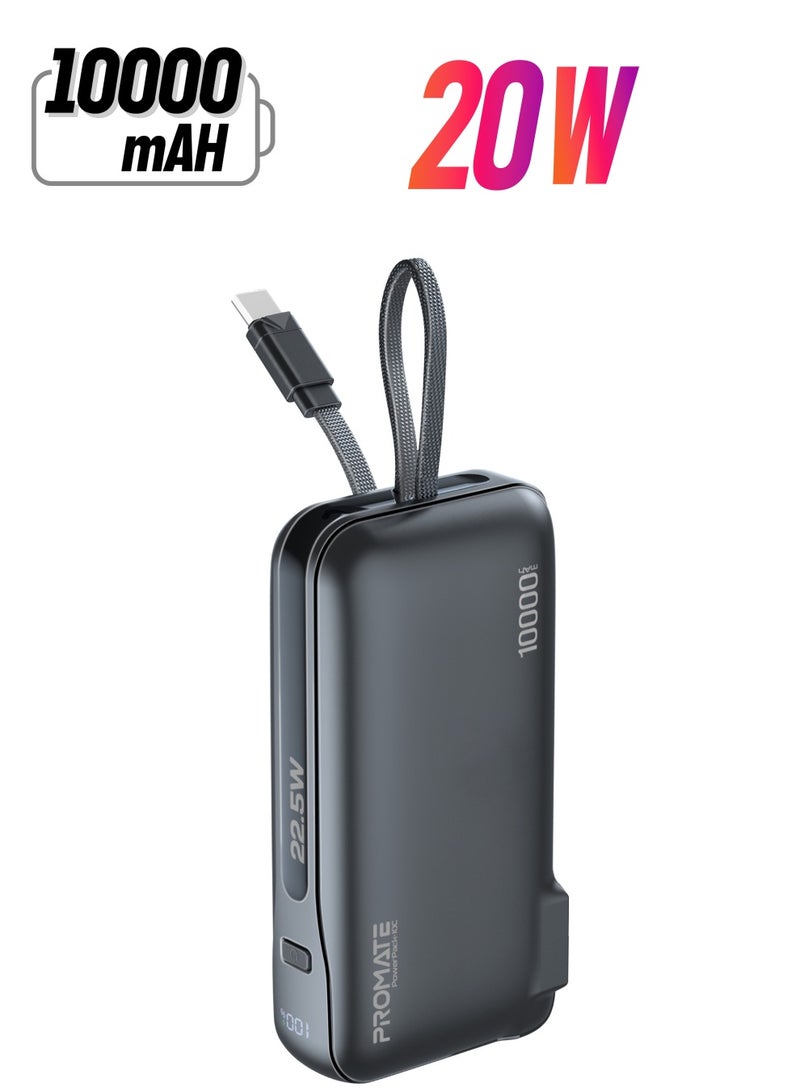 PROMATE 10000 mAh Ultra-Compact Wall Charger Power Bank  Built-In 20W USB-C Output Cable, 20W USB-C in/out Port, 22.5W QC3.0 USB-A Black  - Image 1