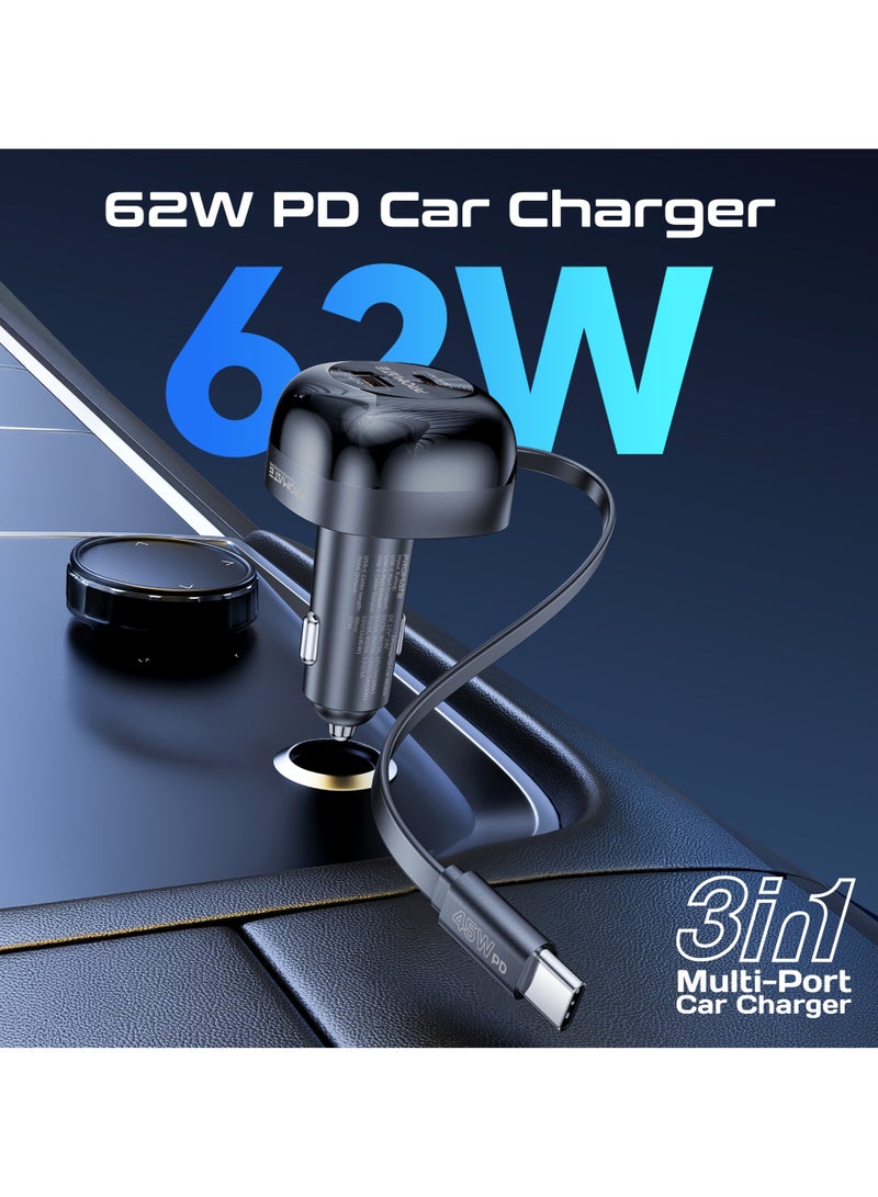 بروميت 62W Multi-Port Car Charger With Retractable USB-C Cable And USB-C Port, Qualcomm Quick Charging 3.0 USB-A Black  - Image 1