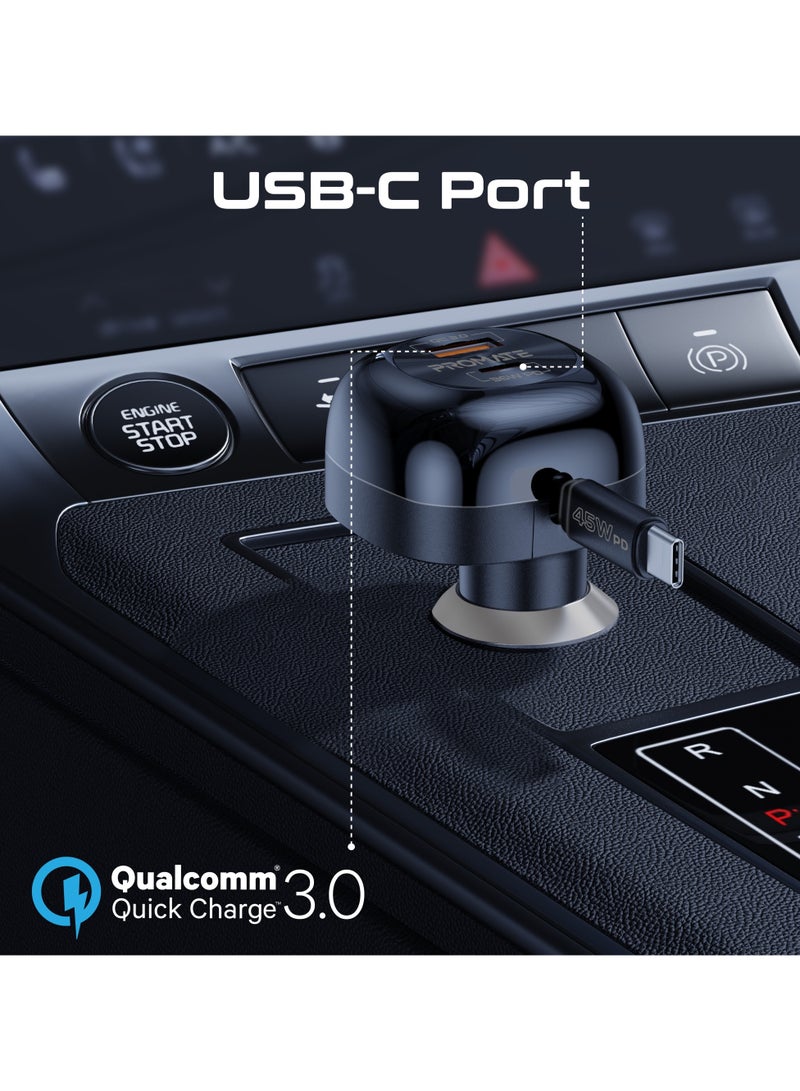 بروميت 62W Multi-Port Car Charger With Retractable USB-C Cable And USB-C Port, Qualcomm Quick Charging 3.0 USB-A Black  - Image 3