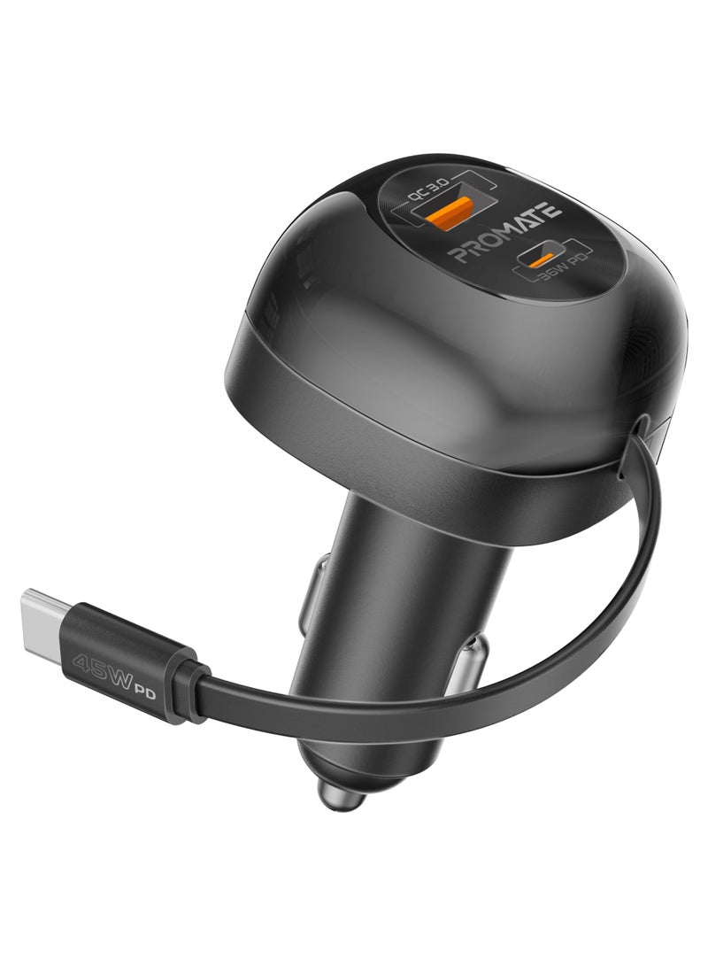 بروميت 62W Multi-Port Car Charger With Retractable USB-C Cable And USB-C Port, Qualcomm Quick Charging 3.0 USB-A Black  - Image 2