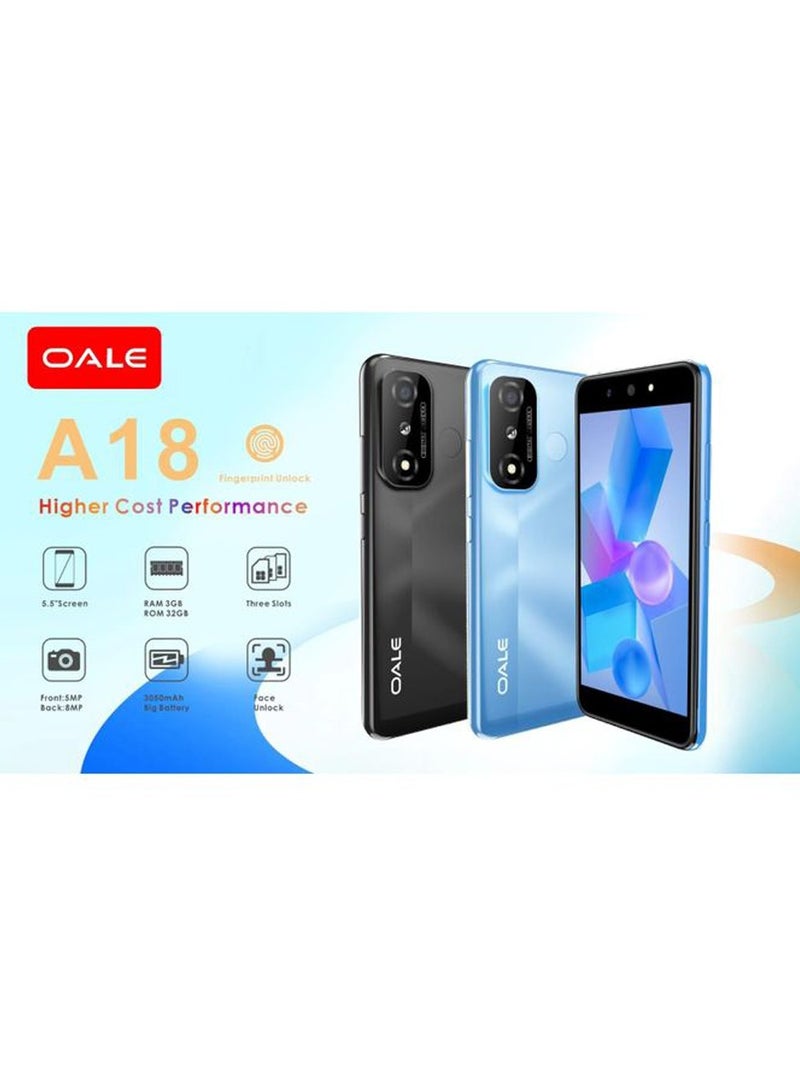 OALE - A18 Adroind Smartphone 5.5-inch screen 32GB + 3GB 5MP+8MP Camera 3050mAh battery Three Slots SIM 4G Lceberg Blue- Middle East Version - Image 1