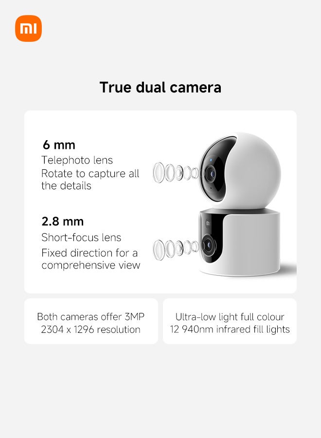 Xiaomi Smart Camera C300 Dual | 6 mm Telephoto lens | 2.8 mm Short-focus lens | 3MP Both Camera | White - Image 4