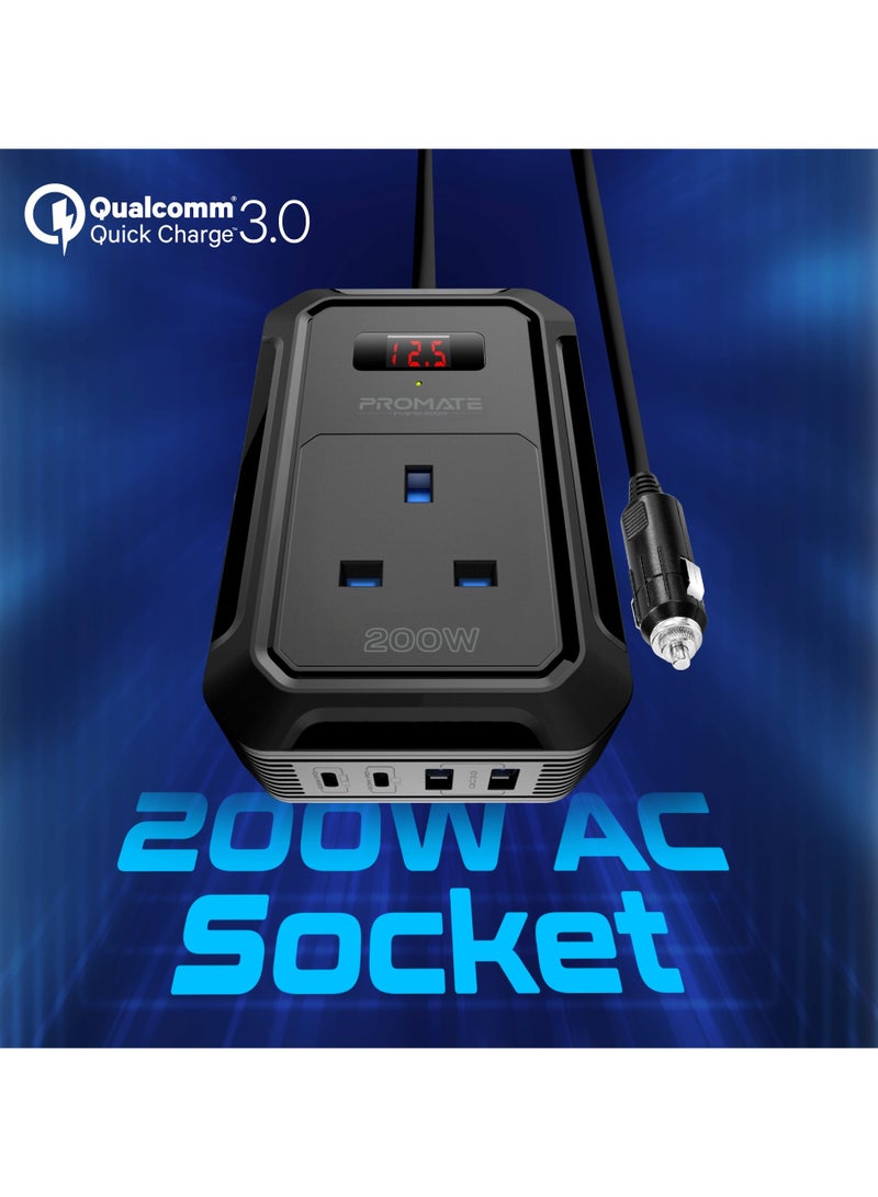 PROMATE 5 in 1 Car Power Inverter DC to AC  Multi-Port 200W, Dual USB-C Ports 65W / 30W Power Delivery & Dual QC 18W USB-A Ports, LCD Digital Screen Black - Image 3