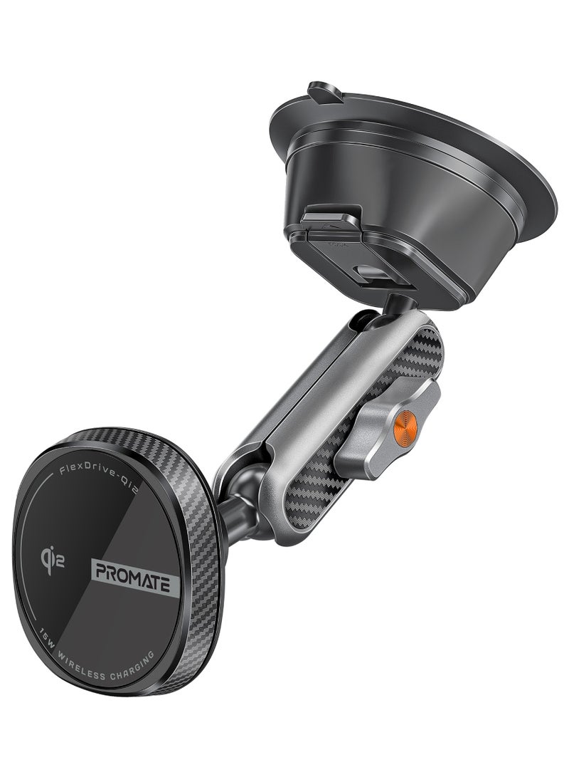 PROMATE Wireless Car Charger 15W MagSafe, Qi2 Certified With Adjustable Arm Mount And 1m Cable Length, Cradleless 360° Rotatable Black  - Image 1