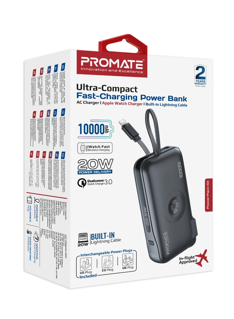 PROMATE - 10000 mAh Ultra-Compact Wall Charging Power Bank Apple Watch Wireless Charger, Built-In Lightning Cable, 20W USB-C in/out Port Black - Image 1