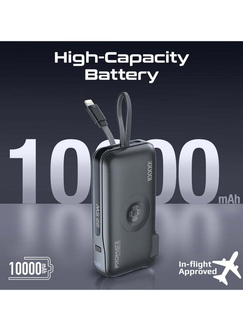 PROMATE - 10000 mAh Ultra-Compact Wall Charging Power Bank Apple Watch Wireless Charger, Built-In Lightning Cable, 20W USB-C in/out Port Black - Image 1
