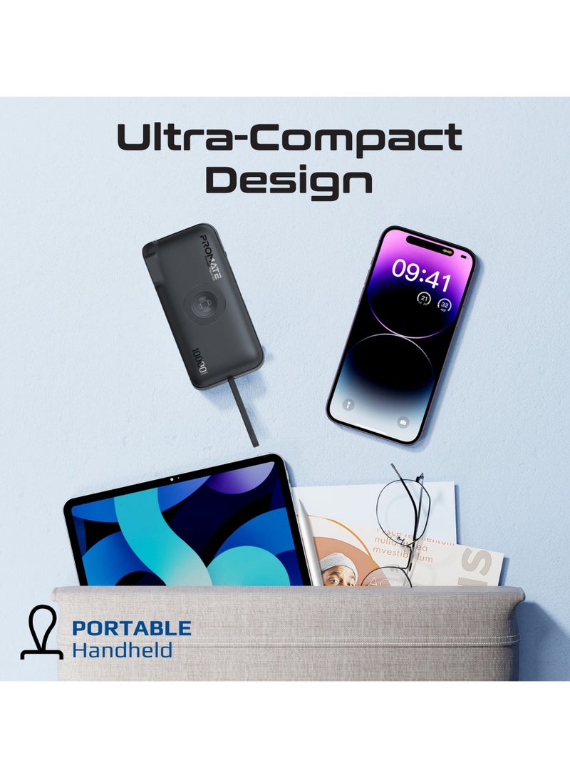 PROMATE - 10000 mAh Ultra-Compact Wall Charging Power Bank Apple Watch Wireless Charger, Built-In Lightning Cable, 20W USB-C in/out Port Black - Image 1