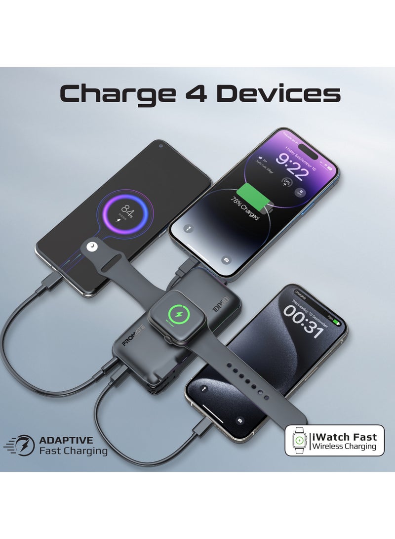 PROMATE - 10000 mAh Ultra-Compact Wall Charging Power Bank Apple Watch Wireless Charger, Built-In Lightning Cable, 20W USB-C in/out Port Black - Image 1