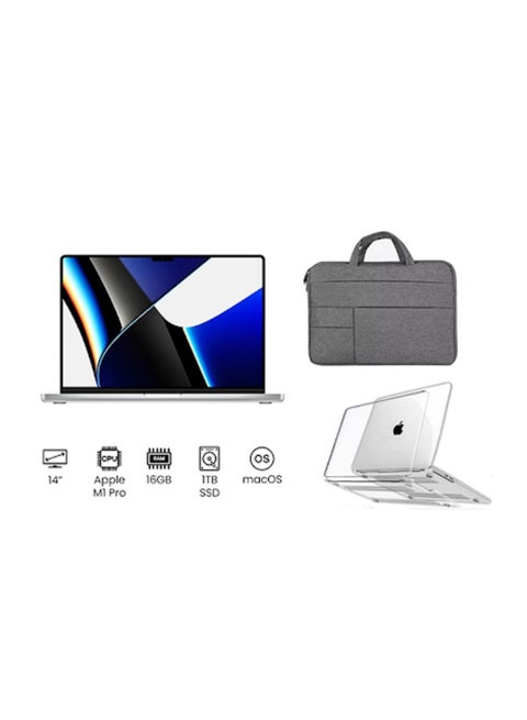 MacBook Pro MKGT3 With 14-Inch Liquid Retina XDR QHD (3024X1964) Display,Apple M1 Pro Chip With 10-Core CPU And 16-Core GPU Processor /16GB RAM/1TB SSD/macOS + Case Compatible 14 Inch Crystal Clear +laptop bag 14-Inch Grey English/Arabic Silver