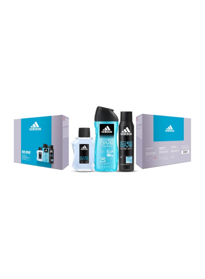 Adidas Ice Dive Set Including The Ice Dive Eau De Toilette, Shower Gel, And Deodorant Body Spray 100 + 250 + 150ml  - Image 1