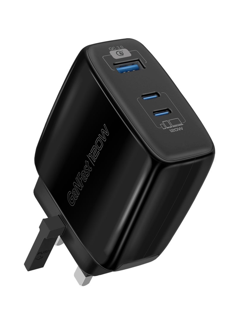 PROMATE USB-C Charger, Premium GaNFast Technology 120W Type-C Power Delivery Adapter with Dual USB-C Ports, QC 3.0 USB Port, Adaptive Charging, Smaller Design and Surge Protect for Smartphones, Laptops, PowerPort-120 Black - Image 1