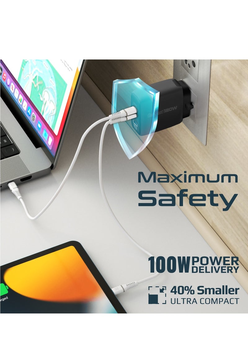 PROMATE USB-C Charger, Premium GaNFast Technology 120W Type-C Power Delivery Adapter with Dual USB-C Ports, QC 3.0 USB Port, Adaptive Charging, Smaller Design and Surge Protect for Smartphones, Laptops, PowerPort-120 Black - Image 4