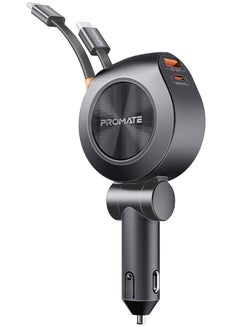 PROMATE 4-in-1 Car Charger with Built-In PD30W USB-C and PD20W Lightning Retractable Cables, 20W USB-C and 18W USB-A Ports, 180° Rotatable Body, Charge Protection, Heat-Resistant Material for Safety, DriveGear-R2 Black  - Image 1