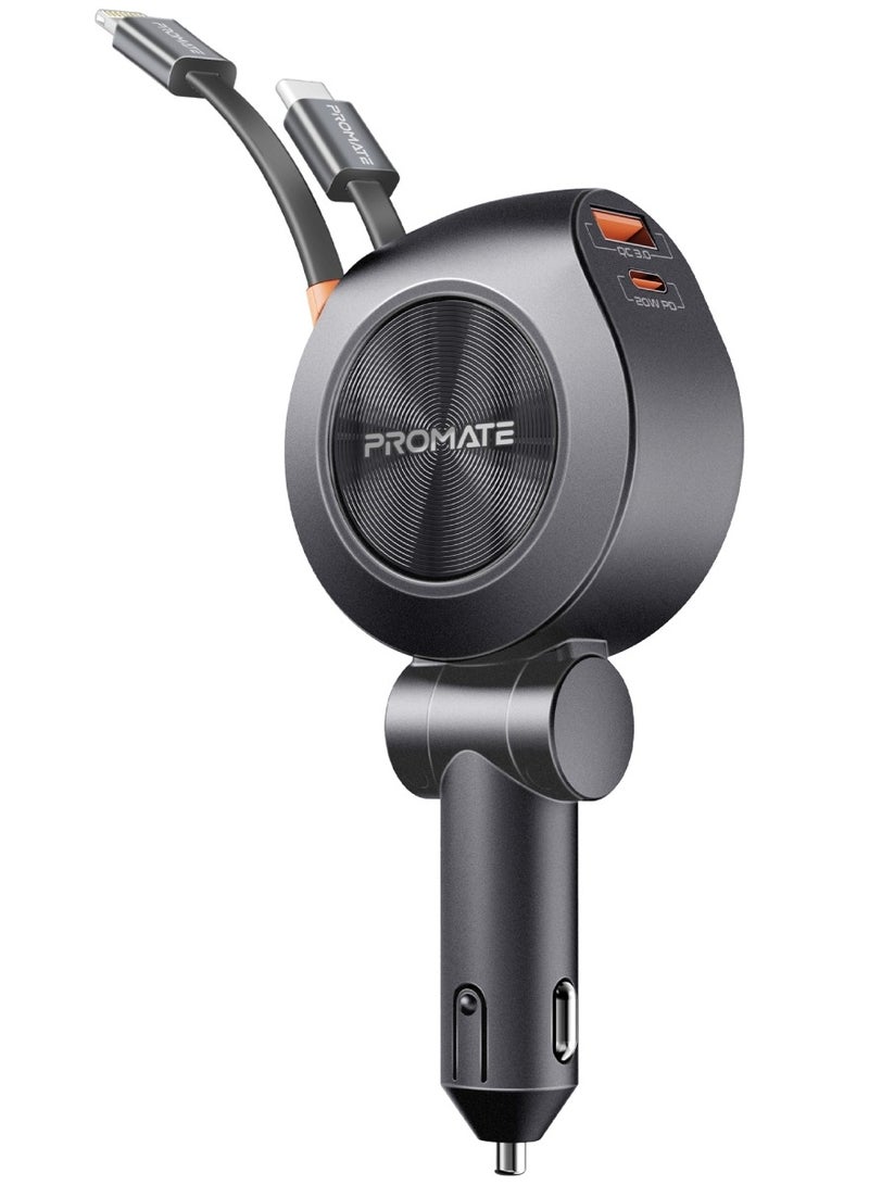 PROMATE - 4-in-1 Car Charger with Built-In PD30W USB-C and PD20W Lightning Retractable Cables, 20W USB-C and 18W USB-A Ports, 180° Rotatable Body, Charge Protection, Heat-Resistant Material for Safety, DriveGear-R2 Black - Image 1