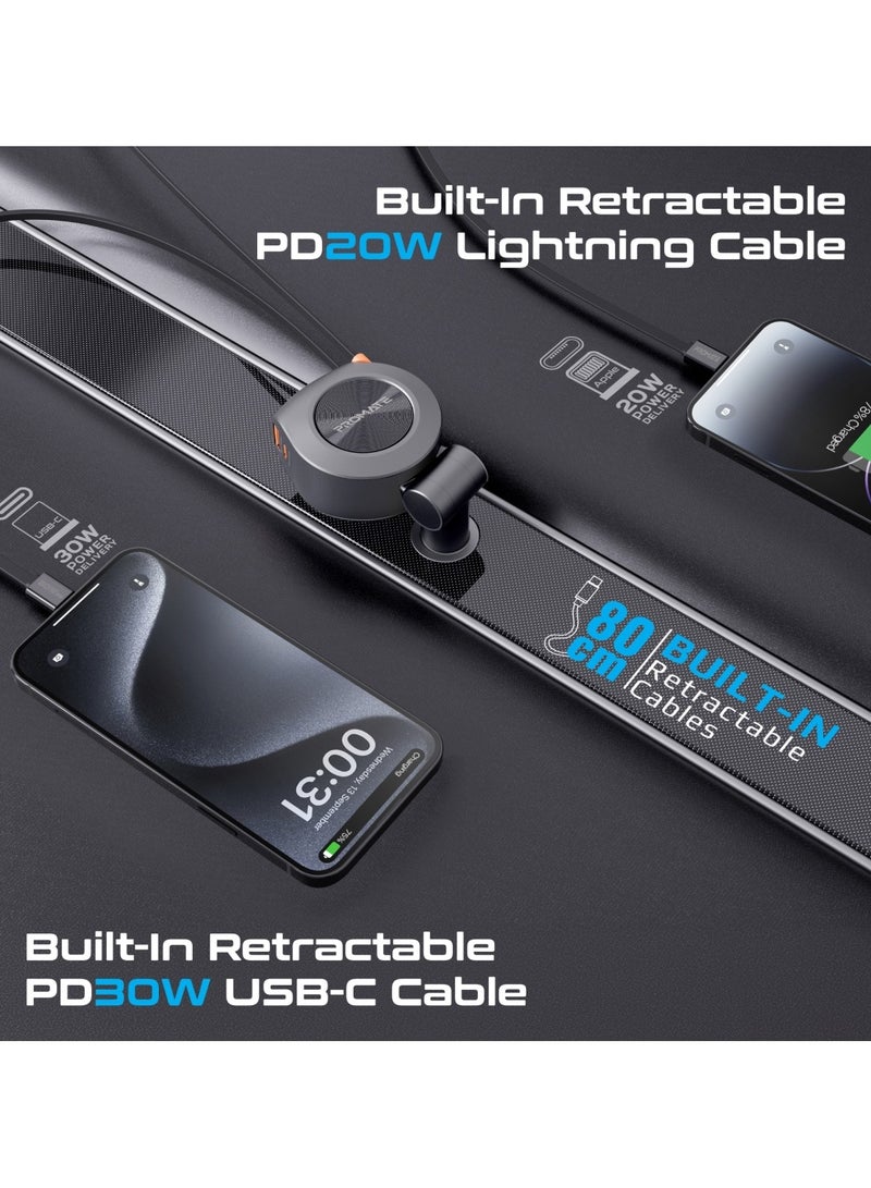PROMATE - 4-in-1 Car Charger with Built-In PD30W USB-C and PD20W Lightning Retractable Cables, 20W USB-C and 18W USB-A Ports, 180° Rotatable Body, Charge Protection, Heat-Resistant Material for Safety, DriveGear-R2 Black - Image 1