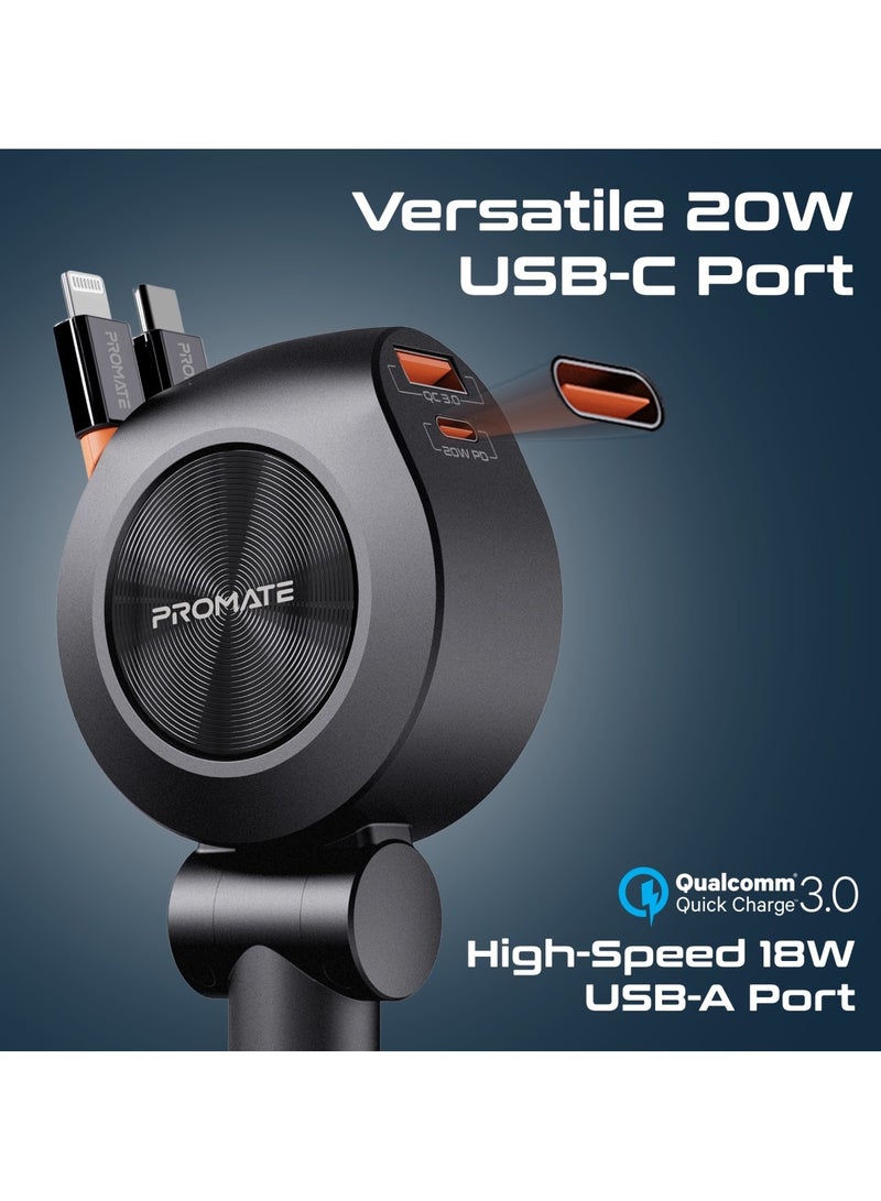 PROMATE - 4-in-1 Car Charger with Built-In PD30W USB-C and PD20W Lightning Retractable Cables, 20W USB-C and 18W USB-A Ports, 180° Rotatable Body, Charge Protection, Heat-Resistant Material for Safety, DriveGear-R2 Black - Image 1