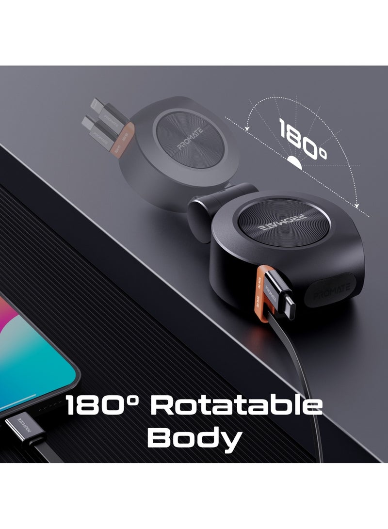 PROMATE - 4-in-1 Car Charger with Built-In PD30W USB-C and PD20W Lightning Retractable Cables, 20W USB-C and 18W USB-A Ports, 180° Rotatable Body, Charge Protection, Heat-Resistant Material for Safety, DriveGear-R2 Black - Image 1