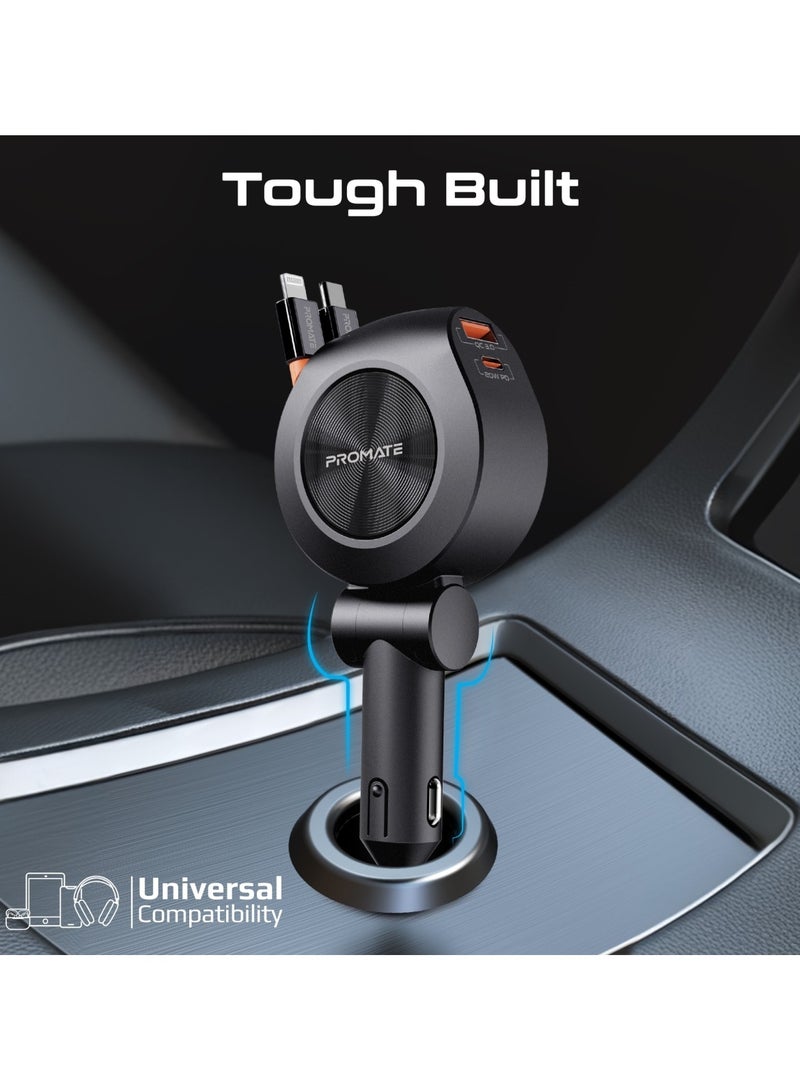 PROMATE - 4-in-1 Car Charger with Built-In PD30W USB-C and PD20W Lightning Retractable Cables, 20W USB-C and 18W USB-A Ports, 180° Rotatable Body, Charge Protection, Heat-Resistant Material for Safety, DriveGear-R2 Black - Image 1