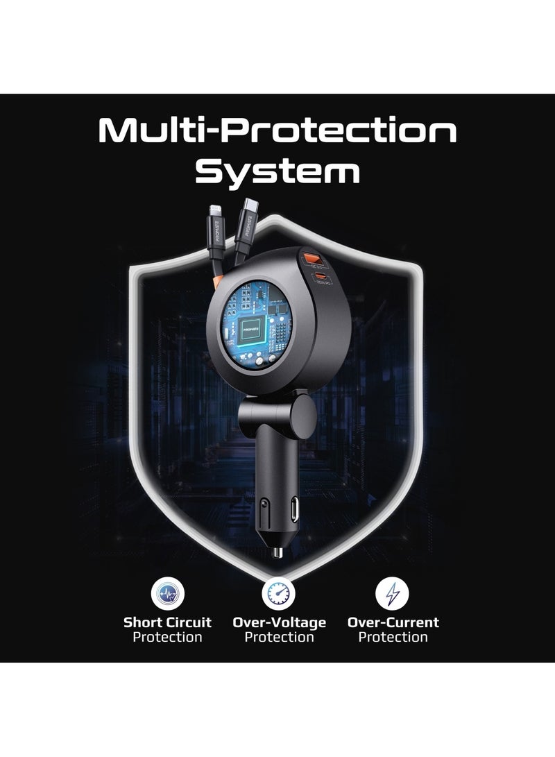 PROMATE - 4-in-1 Car Charger with Built-In PD30W USB-C and PD20W Lightning Retractable Cables, 20W USB-C and 18W USB-A Ports, 180° Rotatable Body, Charge Protection, Heat-Resistant Material for Safety, DriveGear-R2 Black - Image 1