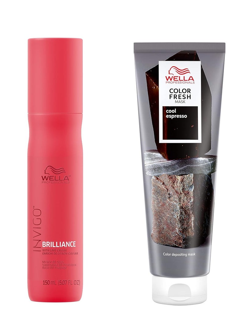 ويلا قناع لون فريش للمحترفين، إسبريسو بارد، ظل طبيعي، لون مؤقت، خالي من الضرر، قناع شعر يودع اللون مع زيت الأفوكادو + رذاذ حماية لون معجزة إنفيغو بريلينس بي بي - Image 1