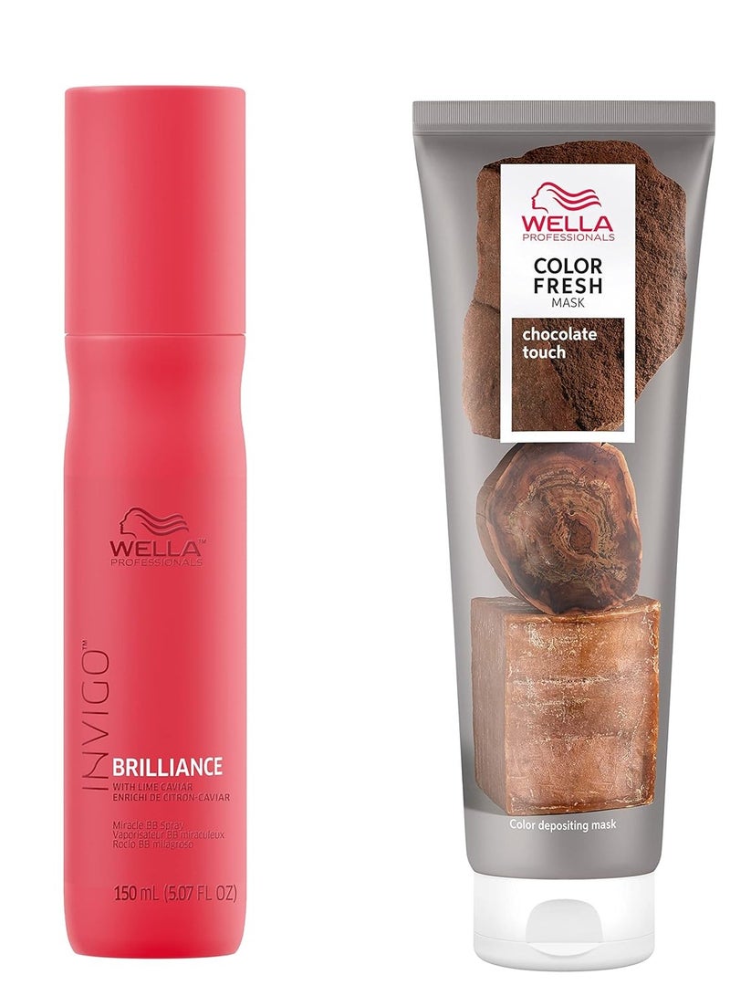 ويلا قناع لون فريش للمحترفين، لمسة شوكولاتة، ظل طبيعي، لون مؤقت، خالي من الأضرار، قناع شعر يودع اللون مع زيت الأفوكادو + رذاذ حماية اللون المعجزة من إنفيغو بريلينس BB - Image 1