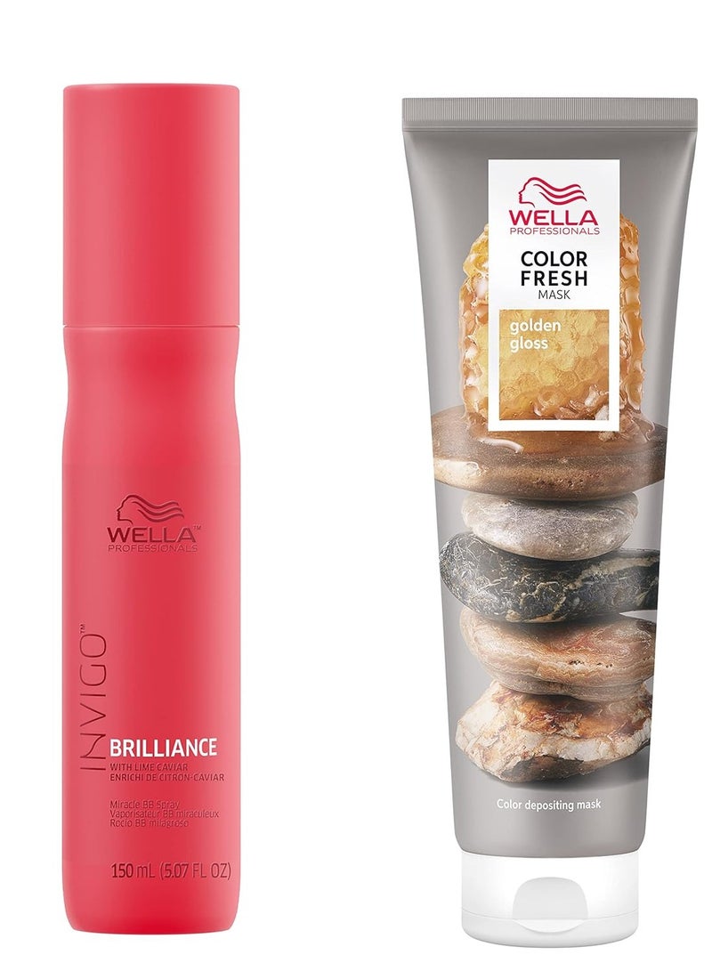 ويلا قناع لون فريش للمحترفين، لمعة ذهبية، ظل طبيعي، لون مؤقت، خالي من الضرر، قناع شعر يودع اللون بزيت الأفوكادو + رذاذ حماية اللون المعجزة من إنفيغو بريلينس بي بي - Image 1