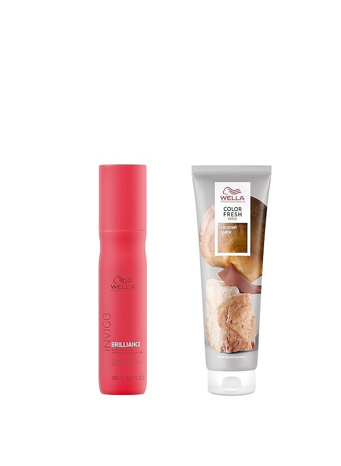 ويلا قناع لون فريش للمحترفين، صبغة كراميل، ظل طبيعي، لون مؤقت، خالي من الأضرار، قناع شعر يودع اللون مع زيت الأفوكادو + رذاذ حماية لون معجزة إنفيغو بريلينس بي بي - Image 1