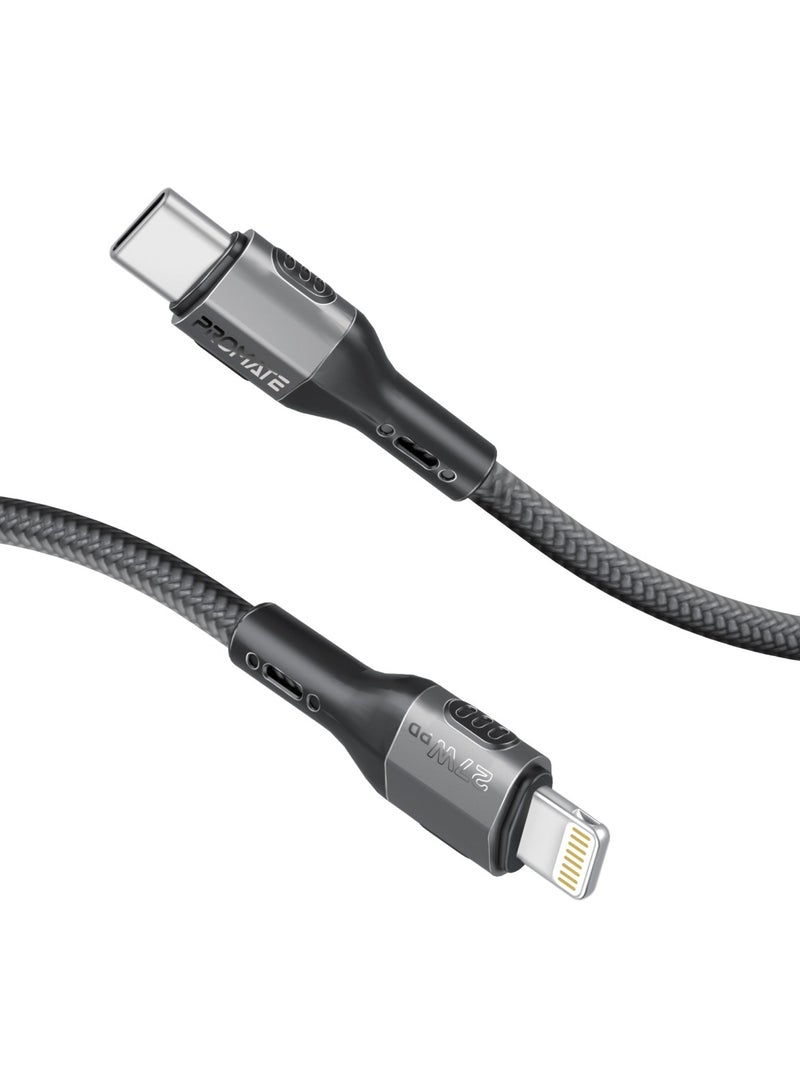 PROMATE - USB-C to Lightning Cord, Ultra-Fast 27W PD Charging Cable with Slim Connector Housing, 480Mbps Sync And Charge and 1.2m Heavy-Duty Braided Wire for USB-C Smartphones, Tablets, Laptops, FletchLink-Ci Black - Image 1