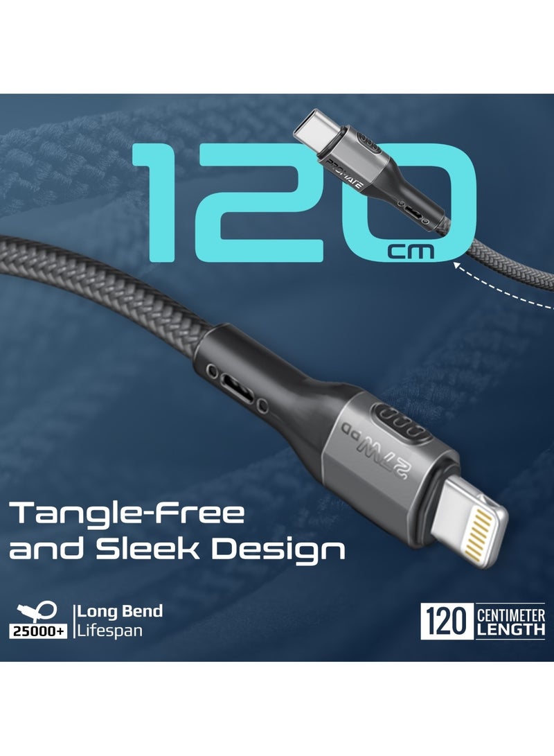 PROMATE - USB-C to Lightning Cord, Ultra-Fast 27W PD Charging Cable with Slim Connector Housing, 480Mbps Sync And Charge and 1.2m Heavy-Duty Braided Wire for USB-C Smartphones, Tablets, Laptops, FletchLink-Ci Black - Image 1