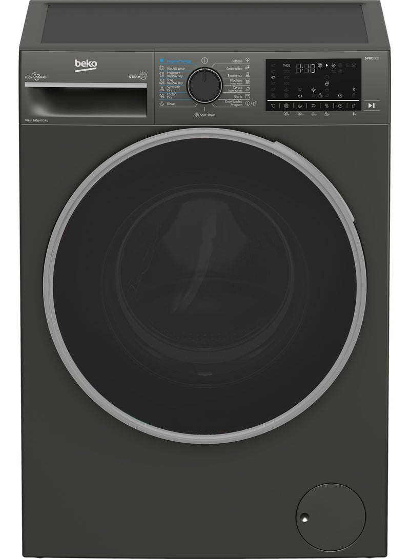 بيكو 8kg Front Load Washing Machine With 5kg dryer - 1400 RPM - Pro Smart Inverter & Steam Cure - Bluetooth - Iron Finish - Digital Display BWD08520MCI Manhattan Grey  - Image 1
