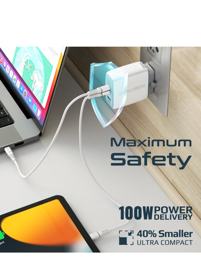PROMATE USB-C Charger, Premium GaNFast Technology 120W Type-C Power Delivery Adapter with Dual USB-C Ports, QC 3.0 USB Port, Adaptive Charging, Smaller Design and Surge Protect for Smartphones, Laptops, PowerPort-120 White White - Image 4