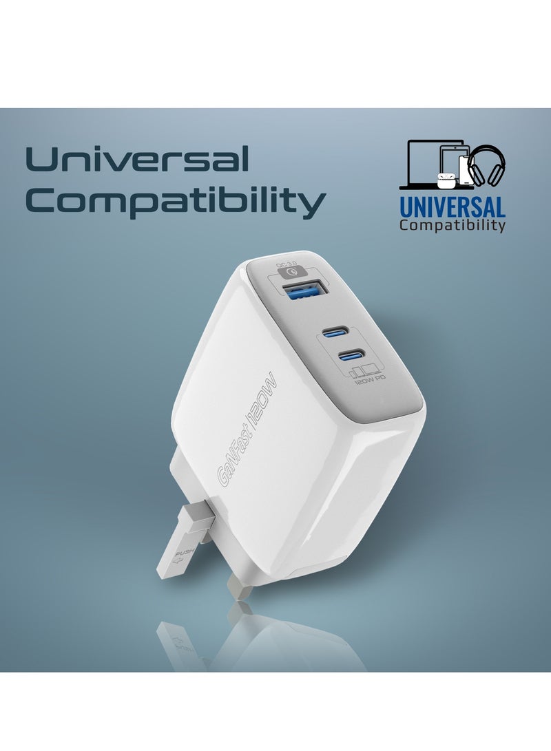 PROMATE USB-C Charger, Premium GaNFast Technology 120W Type-C Power Delivery Adapter with Dual USB-C Ports, QC 3.0 USB Port, Adaptive Charging, Smaller Design and Surge Protect for Smartphones, Laptops, PowerPort-120 White White - Image 5