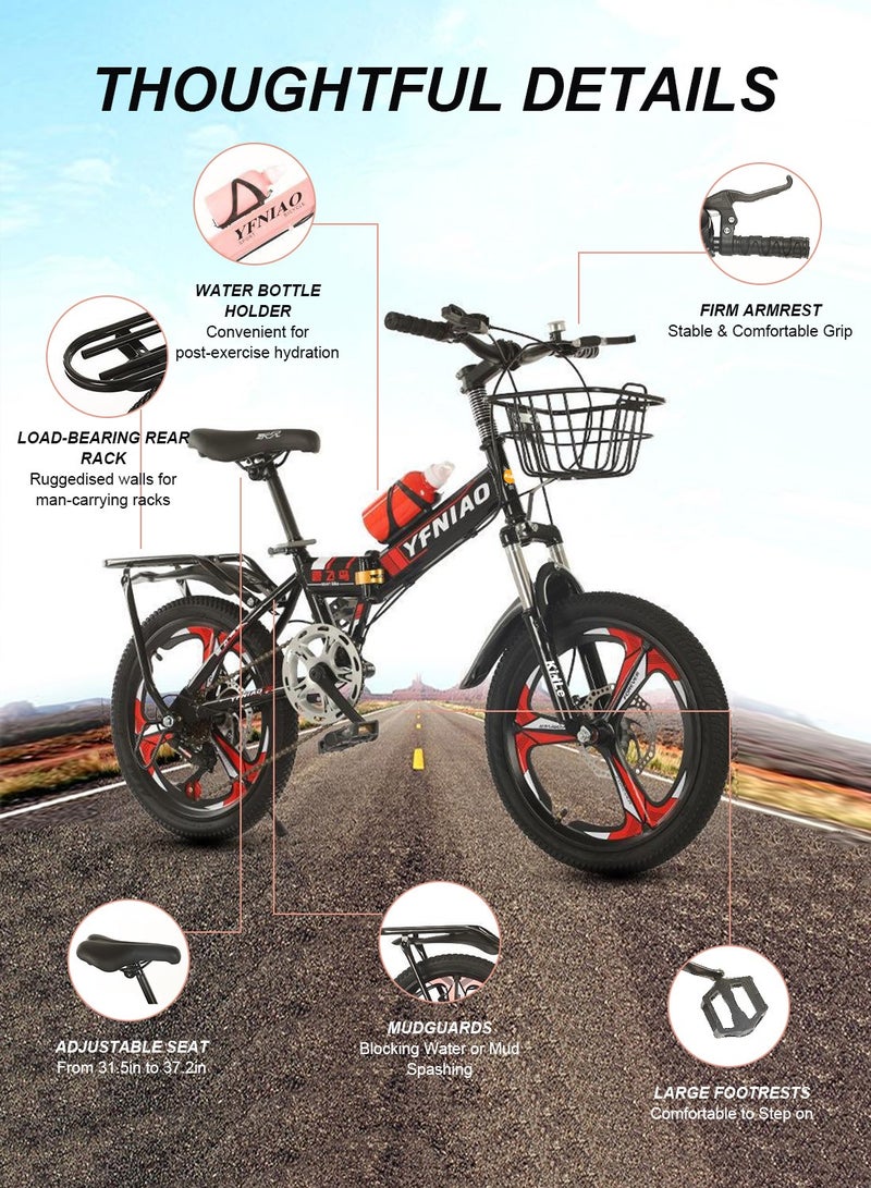 Kidle 18/20/22 Inch Foldable Bike, 7 Speed Mountain Bicycle for Children, with Steel Frame Dual Brake, Basket and Passagener Rear Seat, for 6-14 Years Boys and Girls 22inch  - Image 5