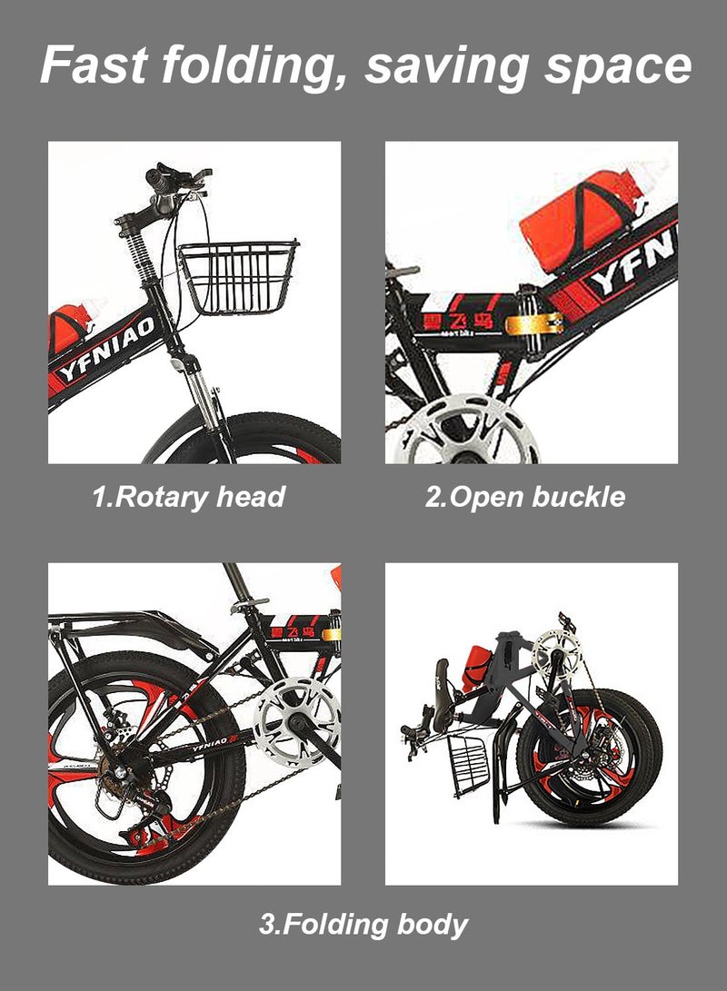 Kidle 18/20/22 Inch Foldable Bike, 7 Speed Mountain Bicycle for Children, with Steel Frame Dual Brake, Basket and Passagener Rear Seat, for 6-14 Years Boys and Girls 22inch  - Image 4