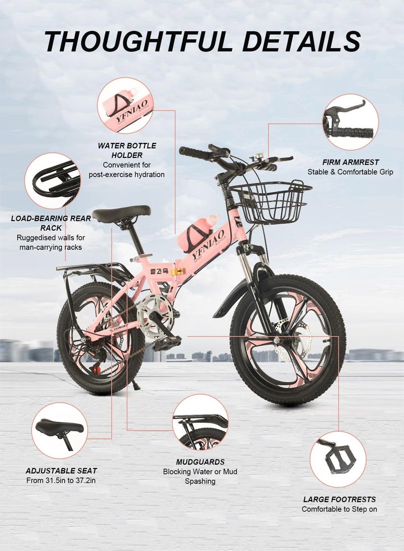 18/20/22 Inch Foldable Bike, 7 Speed Mountain Bicycle for Children, with Steel Frame Dual Brake, Basket and Passagener Rear Seat, for 6-14 Years Boys and Girls 20inch