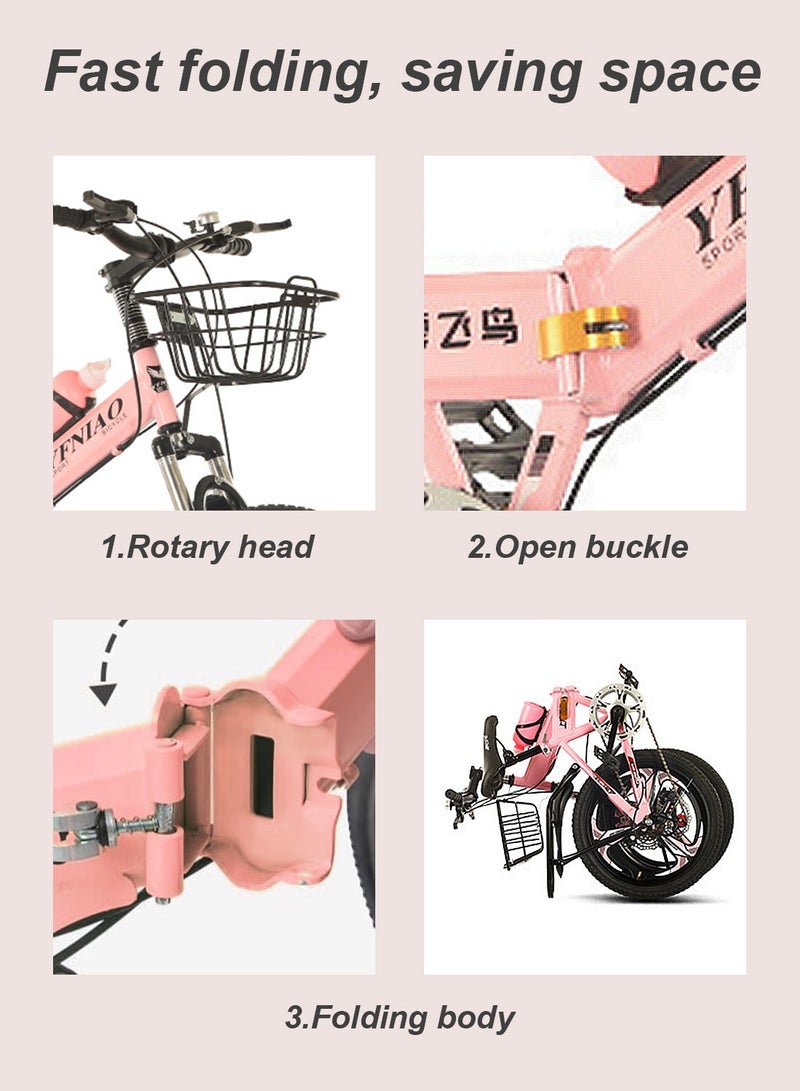 18/20/22 Inch Foldable Bike, 7 Speed Mountain Bicycle for Children, with Steel Frame Dual Brake, Basket and Passagener Rear Seat, for 6-14 Years Boys and Girls 20inch