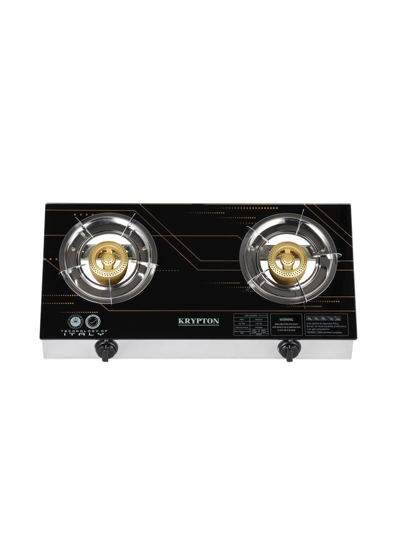 كريبتون Double-burner Gas Burner with Tempered Glass |Auto-Ignition | Stainless Steel Frame and Tray & Comfortable Knobs | Low Gas Consumption | Perfect for All Types of Kitchen| KNGC6571 Black  - Image 2