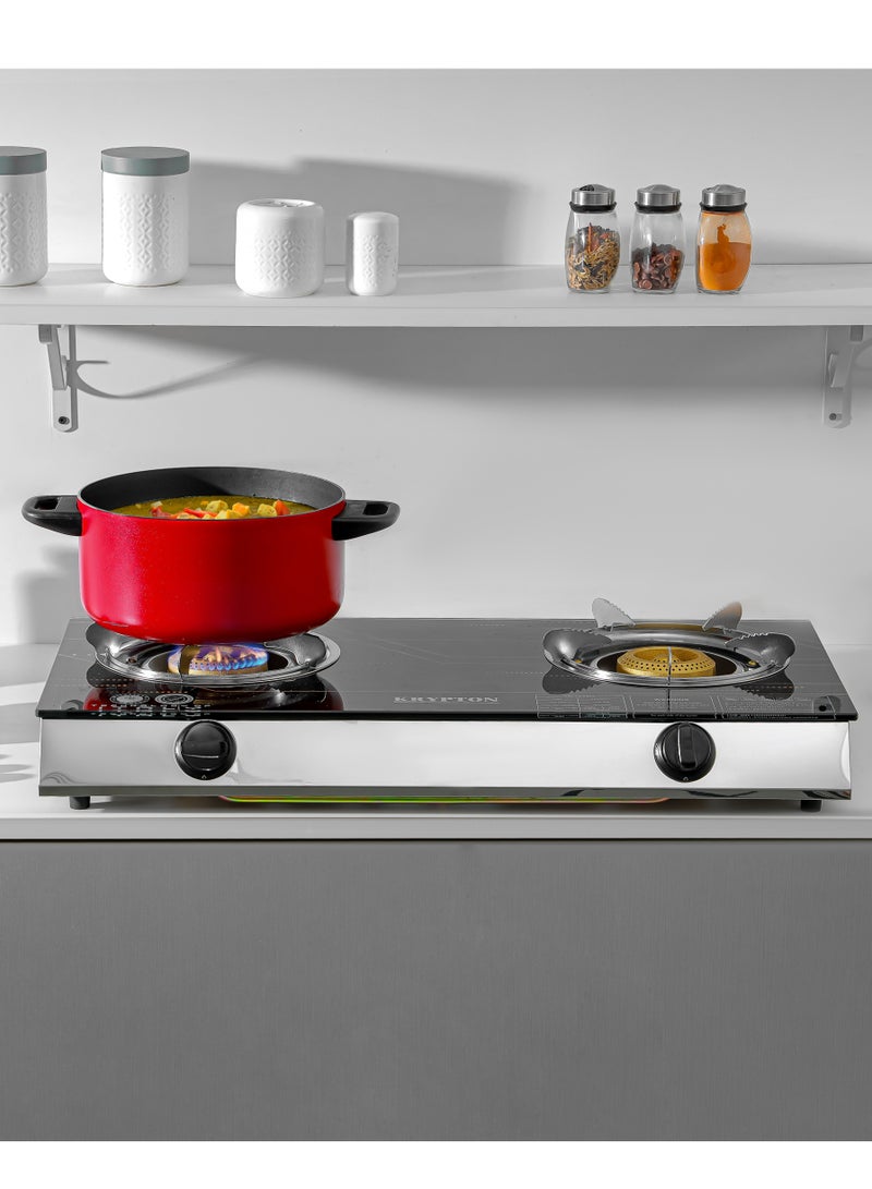 كريبتون Double-burner Gas Burner with Tempered Glass |Auto-Ignition | Stainless Steel Frame and Tray & Comfortable Knobs | Low Gas Consumption | Perfect for All Types of Kitchen| KNGC6571 Black  - Image 4