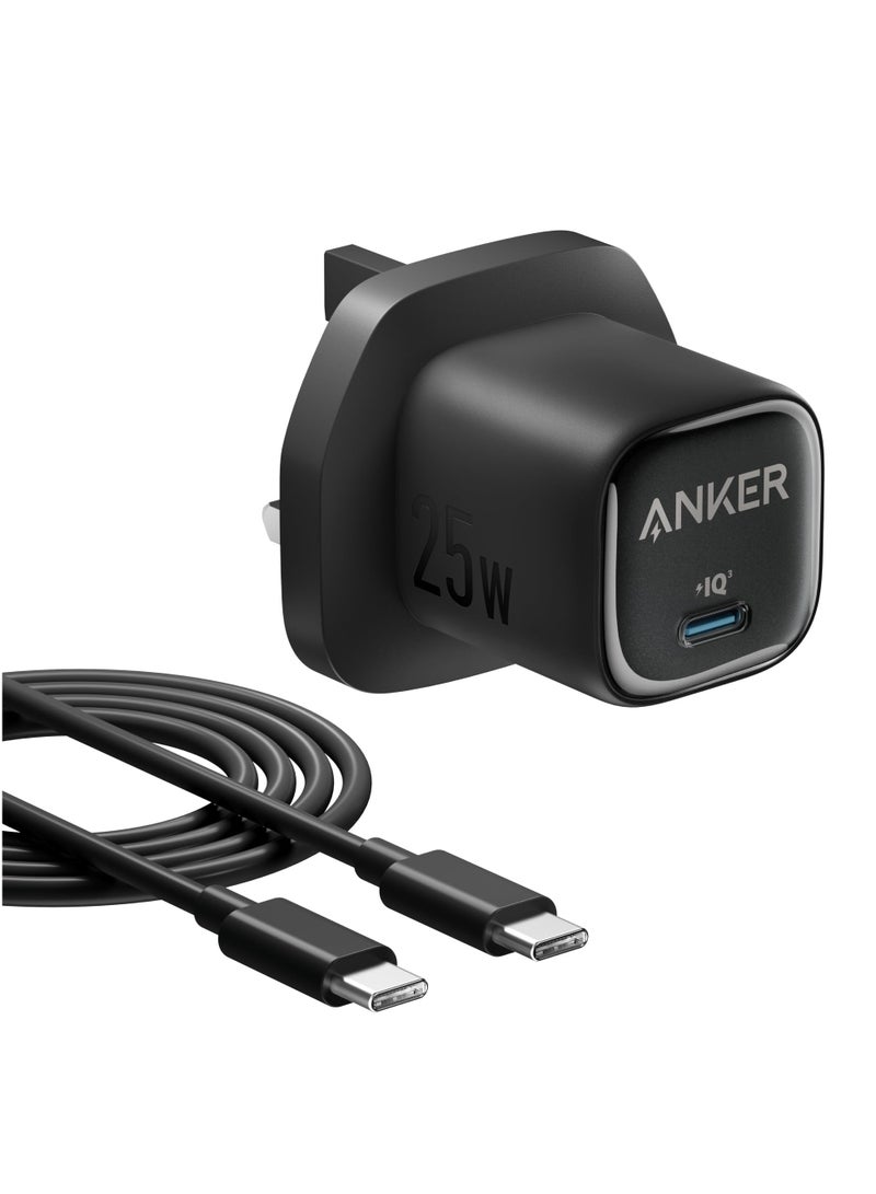 Anker - 25W USB C Plug, Compact and Foldable, Supports PPS Fast Charging for Samsung Galaxy S24/Z Fold/Z Flip/Tab, iPhone (5 ft USB C Cable Included) - Black - Image 1