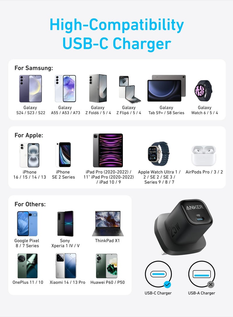 Anker - 25W USB C Plug, Compact and Foldable, Supports PPS Fast Charging for Samsung Galaxy S24/Z Fold/Z Flip/Tab, iPhone (5 ft USB C Cable Included) - Black - Image 1