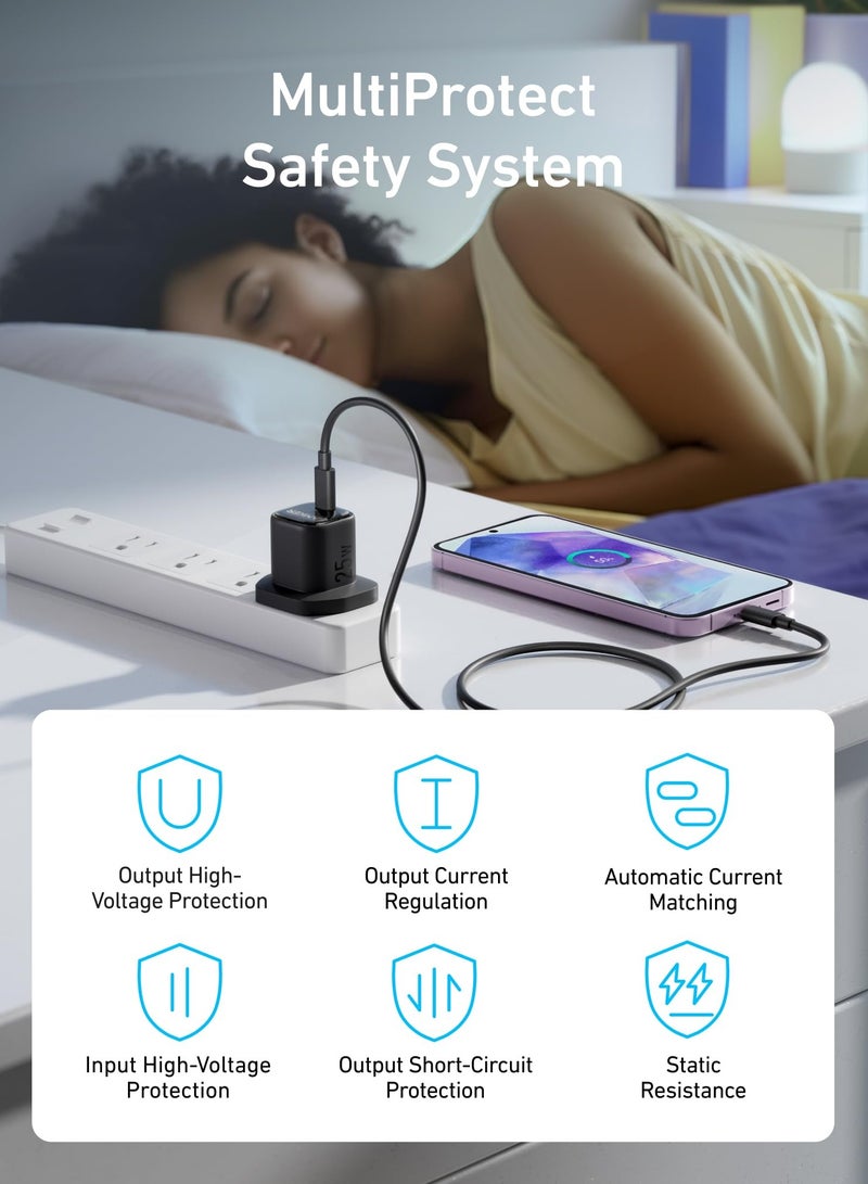 Anker - 25W USB C Plug, Compact and Foldable, Supports PPS Fast Charging for Samsung Galaxy S24/Z Fold/Z Flip/Tab, iPhone (5 ft USB C Cable Included) - Black - Image 1
