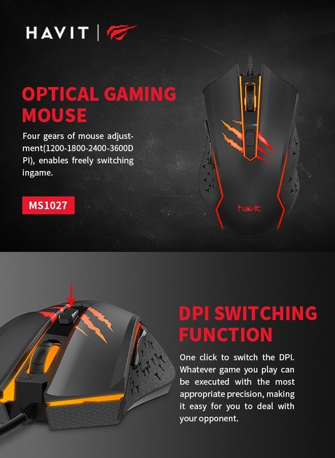 هافيت - Ergonomic Gaming Mouse with 4 Adjustable DPI Levels, Wired Computer Mouse, Ultra-Light Design for Comfortable Gaming - Image 1
