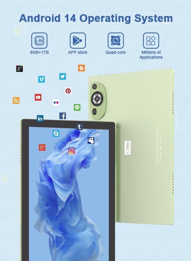 C idea - C idea 10.1 Inches Tablet, Android 14 Tab,5G Tablet Dual SIM 8GB Ram 1TB Rom,10000mAh Battery With Bluetooth Keyboard, Mouse and Pen CM8200plus-Green - Image 1