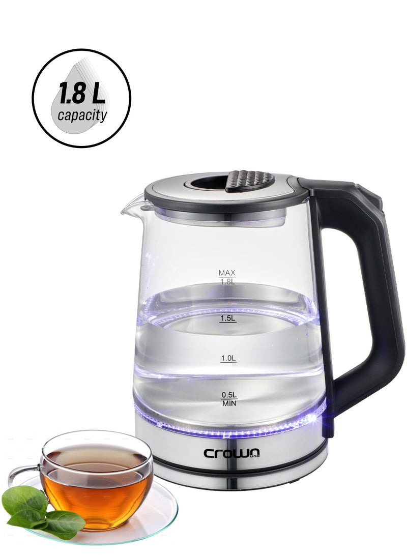 كراون لاين Electric Glass Kettle, Fast Boiling, Durable Design 1.8 L 2200 W KT-414 ‎Clear Glass With Black And Silver Accents  - Image 1