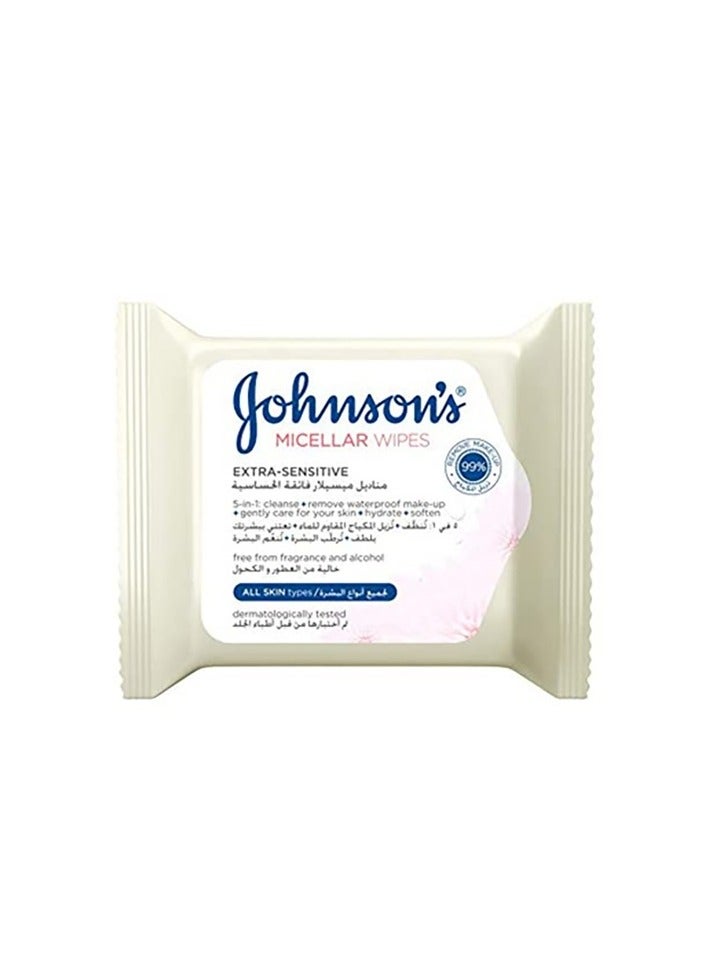 جونسون Cleansing Facial Micellar Wipes, Extra-Sensitive, All Skin Types, 25 wipes 20grams
