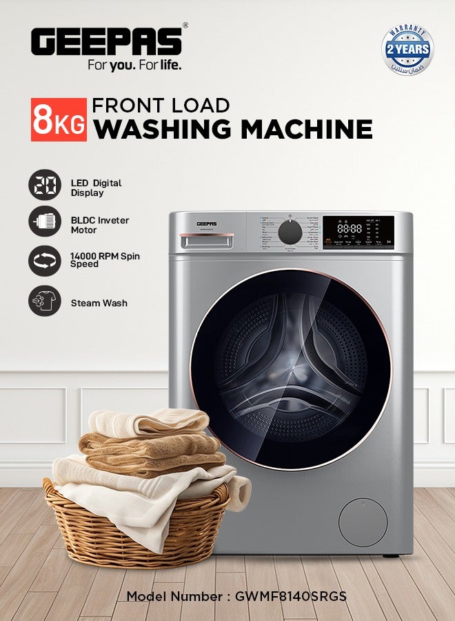جيباس - Advanced Front Load Washing Machine with Digital Display, BLDC Motor, and Steam Clean 144 kW GWMF8140SRG Metallic Grey - Image 1