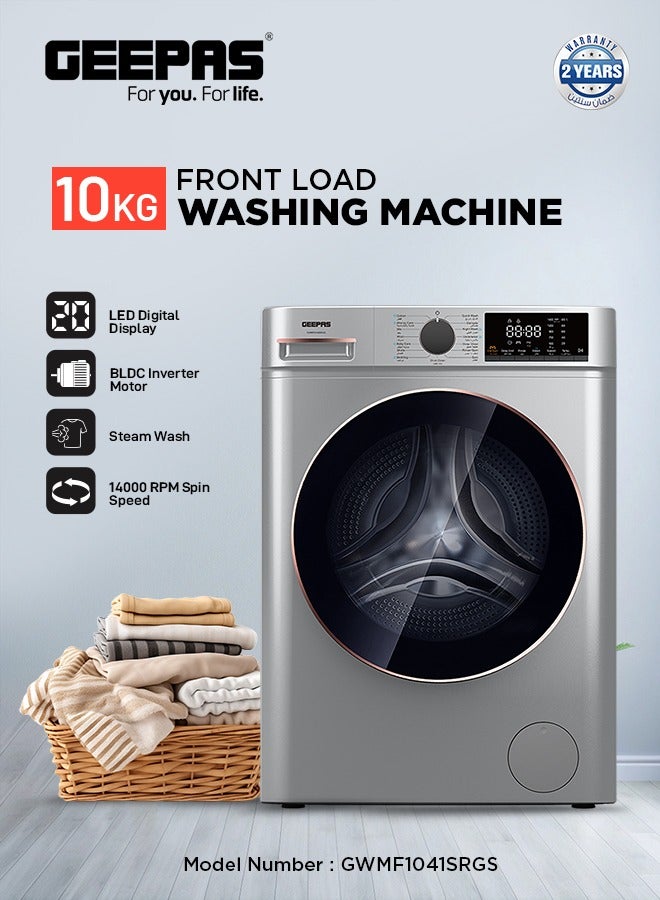 GEEPAS Advanced Front Load Washing Machine with Digital Display, BLDC Motor, and Steam Clean GWMF1041SRG Metalic Grey 