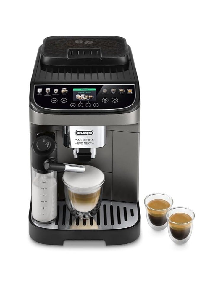 De'Longhi - Magnifica Evo Next  – Fully Automatic Coffee Machine with 2.4 Inch TFT Colour Display & LatteCrema Milk System, 7 Direct Selection Buttons (Cappuccino, Espresso, Latte) 12 kg 1450 W ‎ECAM312.80.TB Titanium - Image 1