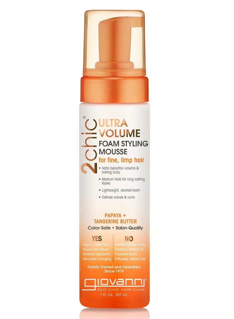 Giovanni 2 Chic Ultra-Volume Foam Styling Mousse - Daily Volumizing Formula with Papaya & Tangerine Butter, Promotes Weightless Control for Fine Limp Thin Hair, No Parabens, Color Safe - 7 oz 207 mlml  - Image 1