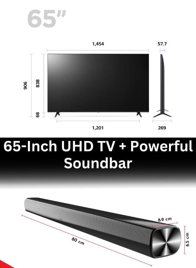 LG - 65 Inch UHD UR80 4K Smart TV with HDR10 Pro, 50Hz, α5 AI Processor 4K Gen6, webOS 23, and 2.0 Channel 600W Soundbar, Bluetooth, USB, FM Radio TH-N322B + 65UR80006LJ+SOUNDBAR Black - Image 1
